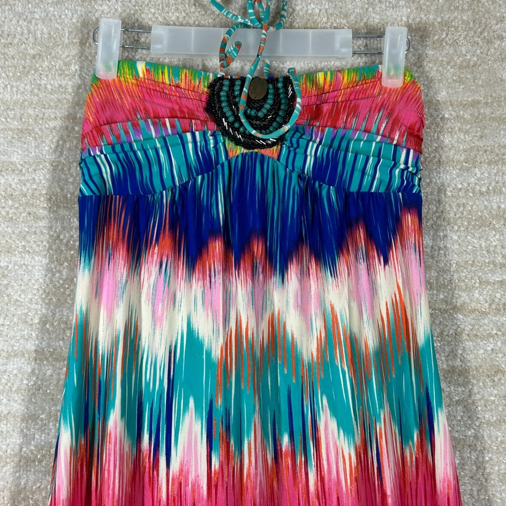 HeartSoul Womens Boho Y2K Beaded Halter Maxi Dress Multicolor Size S Ikat Print